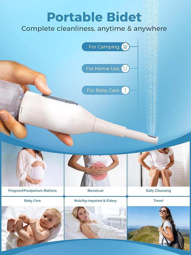 Portable Bidet for Travel, GODBB Rechargeable Electric Travel Bidet with Dual Spray Modes, 360°Adjustable Nozzle, High Pressure Cleaning, USB-C Charging, IPX7 Waterproof for Home Postpartum Hygiene