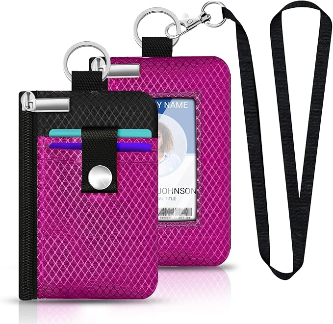 Minimalist RFID Blocking Small Wallet with ID Window,WaterResistant Zip Id Case Wallet with Lanyard Keychain for Cards,Cash,Travel,Women,Men (Purplish Red/Black)