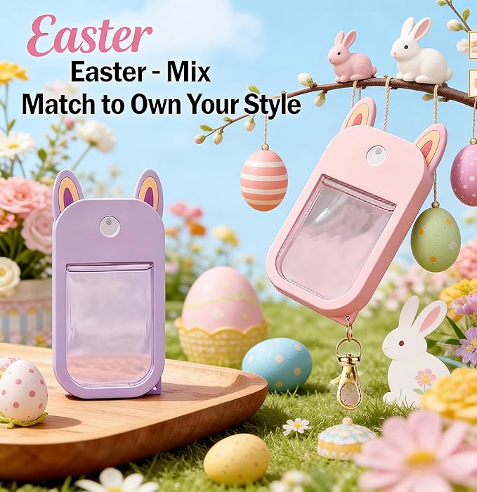 2 Pack Easter Bunny Ear Silicone Case for Touchland Hand Sanitizer Spray 1 FL OZ/30 mL,Purple&Pink Portable with Keychain,Protective Cover Compatible with Touchland,Easter Gifts