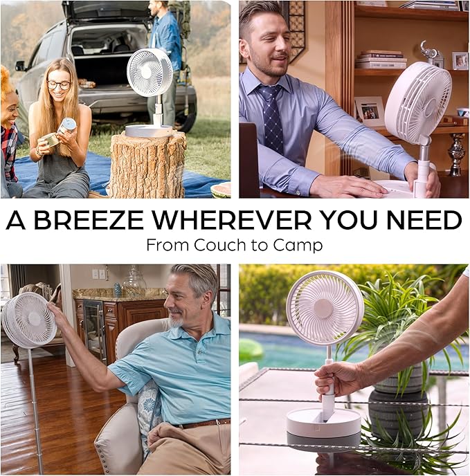 MyFoldaway Portable Fan for Travel, USB Rechargeable Cordless Portable Fans for Desk, Home, Camping, Sleeping, Lightweight Compact & Foldable Travel Fan, Pedestal Extends from 4-40”, Quiet, 3 Speeds