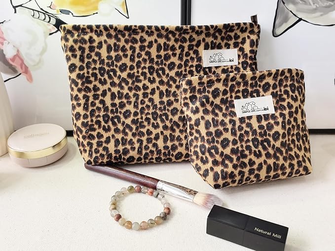 HAPPYHEIDI Leopard Print Makeup Bag with Pocket Large Cosmetic Toiletry Travel Pouch, Small Accessory Organizer Bag, Soft Corduroy Fabric, Brown Cheetah, 8.5x2x6.5 Inches
