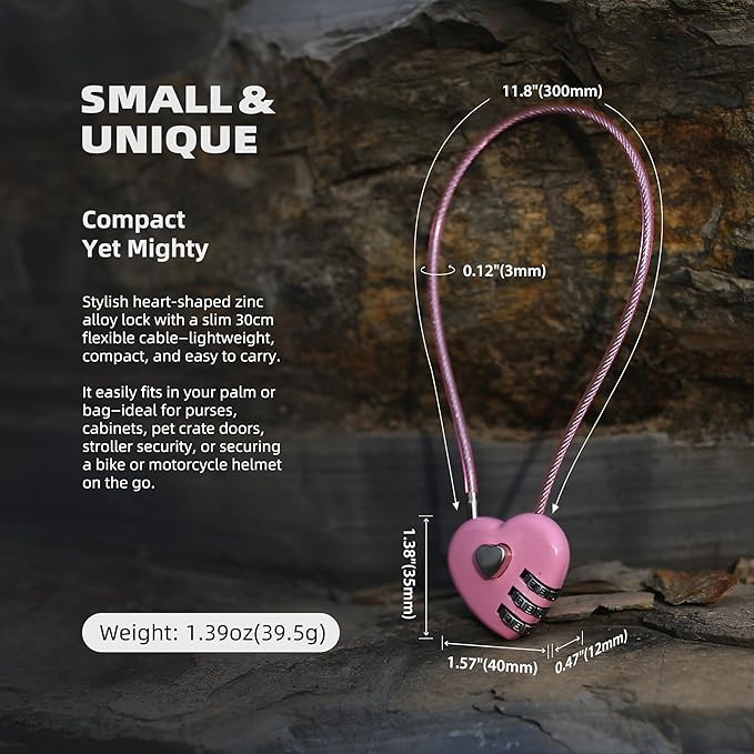 Small Cable Lock with Combination, Combo Lock with Code, Pink Cable Padlock for Luggage, Cabinet, Closet, French Fridge Door, Stroller, Bike Helmet, Pet Cage, Pool Gate, Outdoor Fence