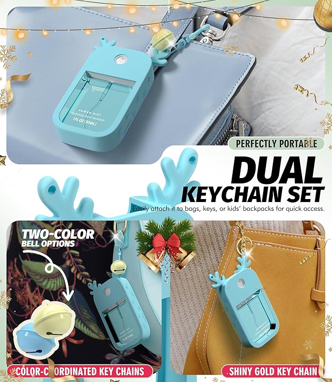 Sonnorel 1 Pack Elk Silicone Case Compatible with Touchland Hand Sanitizer Spray (Fit for 1 FL OZ/30 mL Ver), Portable keychain, Small Bell, Cute Deer Antlers (Blue)