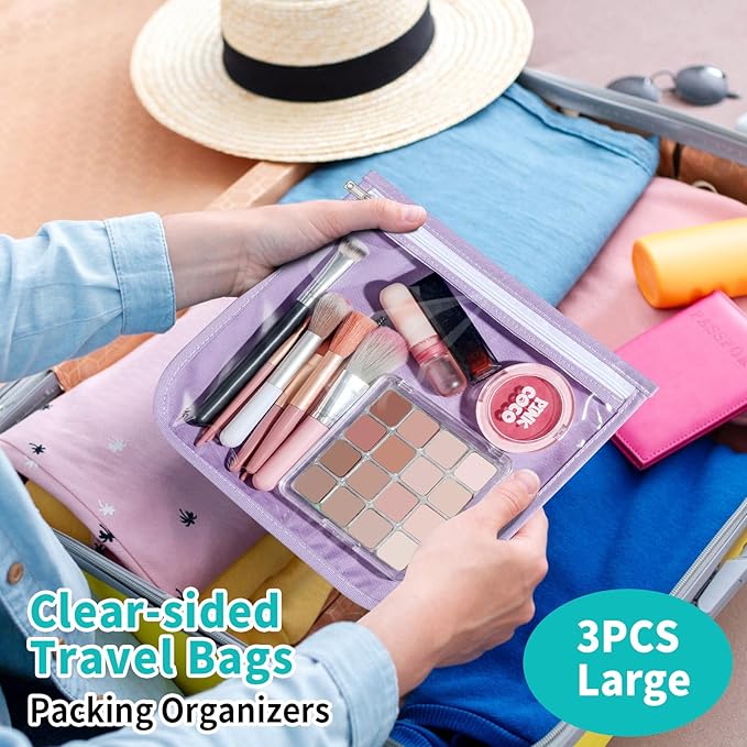 HIONXMGA TSA Approved Toiletry Bag, Set of 3 Clear Travel Toiletry Bag Quart Size Zipper Travel Pouch, Waterproof Makeup Cosmetic Bag for Women Men Kids Toiletries Carry on, Purple Large