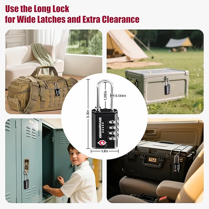 Kinghardcase 2 Pack TSA Locks for Luggage, 4-Digit Combination Travel Locks for Gun Cases, Toolboxes, Ammo Cases, Bags, Suitcases, Backpacks, Resettable Zinc Alloy Lock with Hook