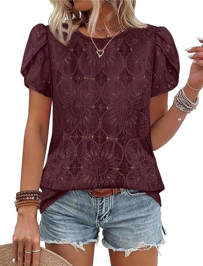 OFEEFAN Blouses for Women Dressy Casual Petal Short Sleeve Shirts Crochet Lace Boho Tops Spring Fashion Summer Outfits