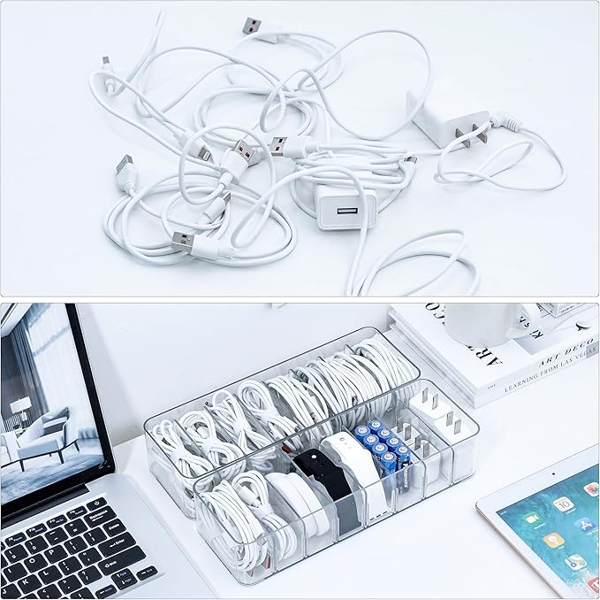 Clear Cable Cord Organizer Box, Adjustable Desk Drawer Storage Case for Home Office Supplies, Battery and Cell Phone Charger, Plastic Art Crafts Container