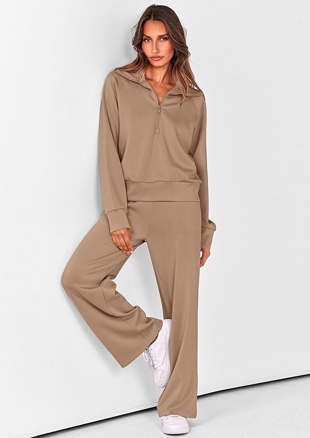 PRETTYGARDEN Women's 2 Piece Outfits Casual Lapel Half Zip Sweatshirts and Wide Leg Pants Tracksuit Sets