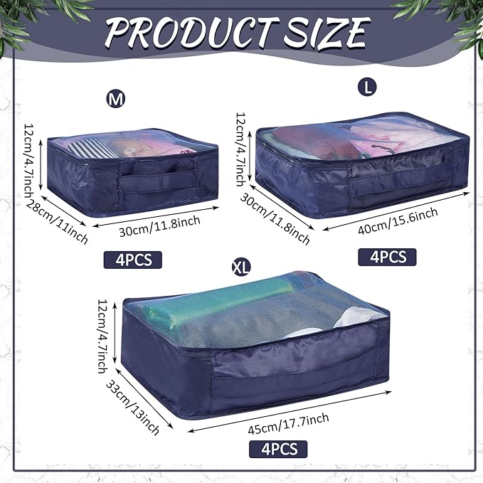 Silkfly 12 Pcs Packing Cubes for Suitcase Travel Luggage Bags Bulk Mesh Organizer Set for Hiking Camping Backpacking Clothes Accessories (Navy Blue,XL, L, M Size)
