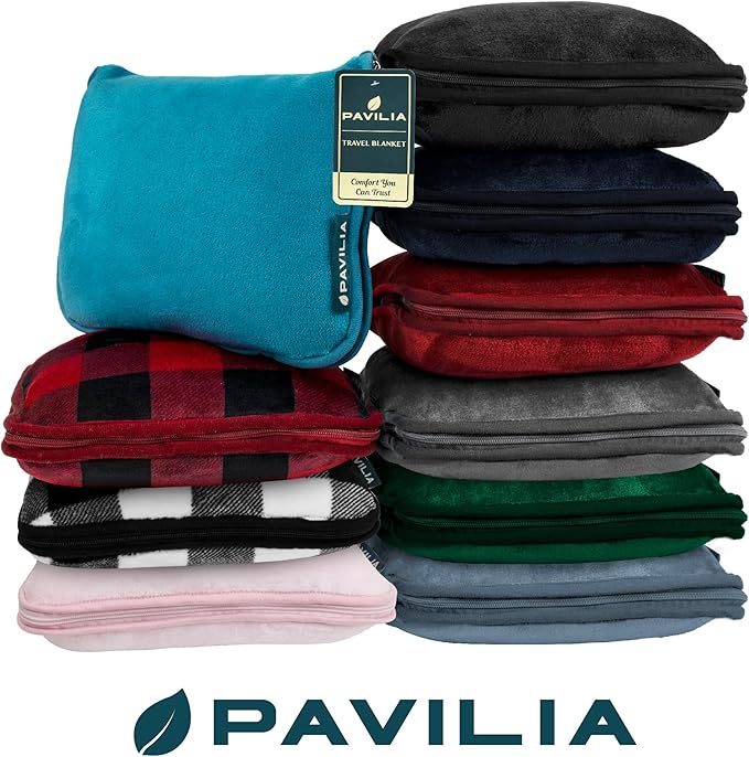 PAVILIA Travel Blanket Pillow, Soft Airplane Blanket 2-in-1 Combo Set, Plane Blanket Compact Packable, Flight Essentials Car Pillow, Travelers Gifts Accessories, Luggage Backpack Strap, 60x43 Green