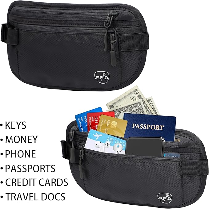 SUPACOOL Money Belt, Hidden Travel Wallet for Passport, RFID Blocking Passport Pouch, Passport Holder for Travel, Undercover Fanny Pack(Black)