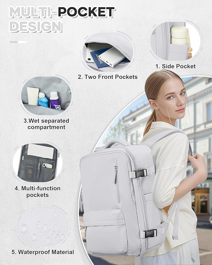 VECAVE Carry On Backpack for Women, Airline Approved Personal Item Large Travel Backpack Flight Approved, Waterproof Laptop Bag Business Work Gym Backpacks Men Grey Mochila De Viaje