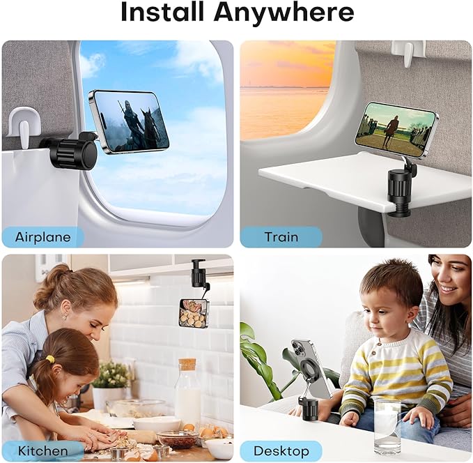 OMOTON 360°Rotating Magnetic Airplane Phone Holder Mount, for Magsafe Airplane Travel Essentials Accessories, Adjustable Foldable Universal Handsfree Phone Stand for iPhone 17 16 15 14 Pro Max Air