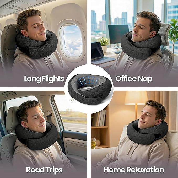 Travel Neck Pillow 100% Memory Foam, Ergonomic 360° Support Pillow for Flights, Car, Office & Train, Breathable Travel Essentials for Adults & Kids, Neck Pain Relief, (BLACK)