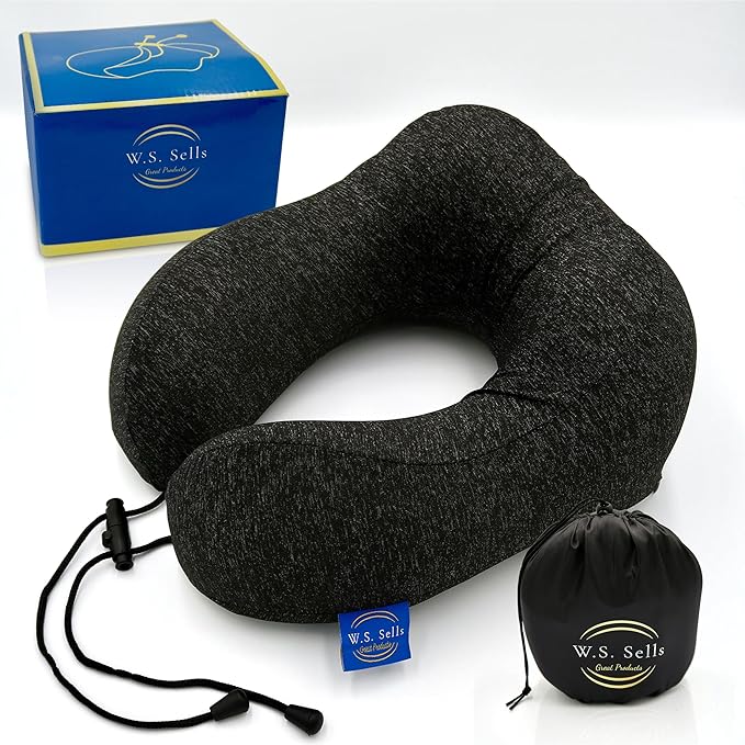 W.S. Sells Travel Neck Pillows for Airplanes - Pure Memory Foam with Ergonomic Design & Breathable Fabric - Travel Pillows for Airplanes & Cars - Set of Travel Essentials with Sleep Mask & Ear Plugs