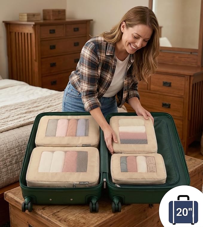 Compression Packing Cubes For Carry On Suitcase 20-22 Inch, 4 Pcs Expandable Packing Cubes For Travel for Luggage, Space Saving Travel Essentials