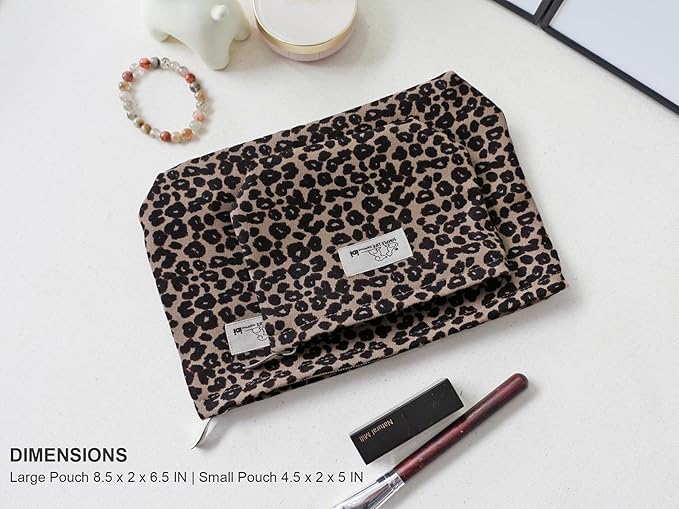 HAPPYHEIDI Leopard Print Makeup Bag with Pocket Large Cosmetic Toiletry Travel Pouch, Small Accessory Organizer Bag, Brown Cheetah, Lined, Zipper Closure, 8.5x2x6.5 Inches