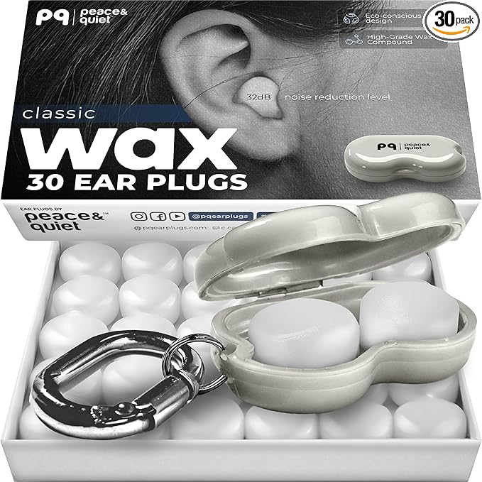 Peace&Quiet PQ Wax Ear Plugs for Sleeping - 30 Silicone Wax Earplugs for Sleeping and Swimming, Gel Ear Plugs for Noise Cancelling, Sound Blocking Level of 32 Db (30 Pillows), Color: White