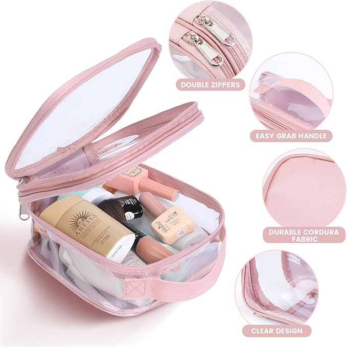 BORMELUN TSA approved small toiletry bag - clear travel pouch carry on case organizer reusable see-through pvc plastic small （pink