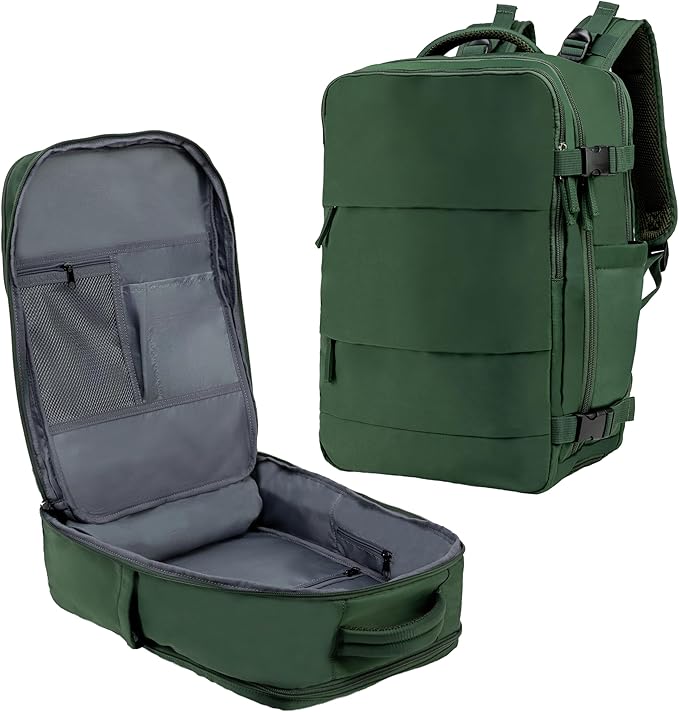 Carrywell (Not Made In China) Travel Backpack Airline Approved, Carry-On Underseat, Holds 15.6 or 16 Inch Laptop, Personal Item Bag with Shoe Compartment For Men Women, Green 30l