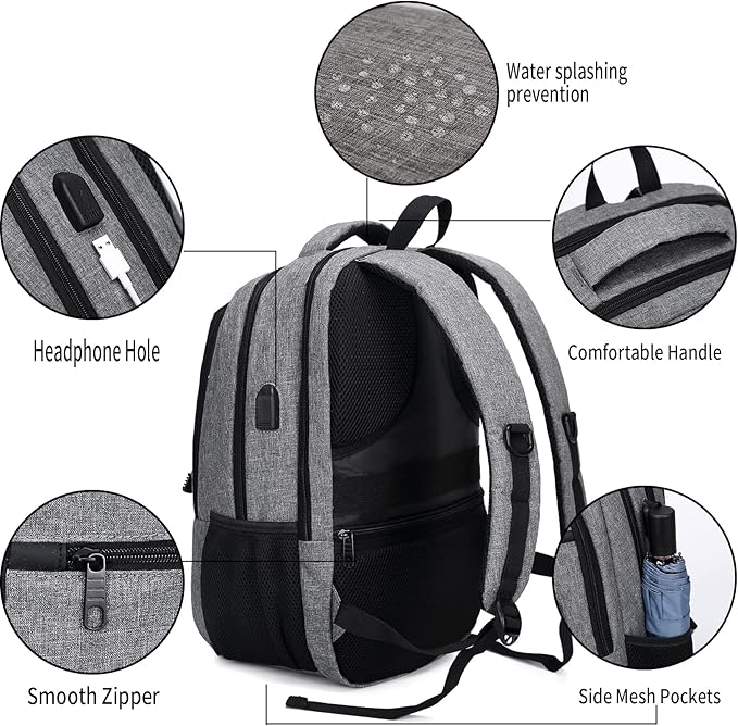 Monsdle Travel Laptop Backpack Anti Theft Backpacks with USB Charging Port, Travel Backpacks Business Work Bag 15.6 Inch College Computer Bag for Men Women, Grey