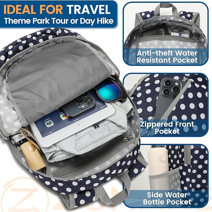 ZOMAKE Ultra Lightweight Packable Backpack 25L - Foldable Hiking Backpacks Water Resistant Small Folding Daypack for Travel(Navy Blue,White polka dots)