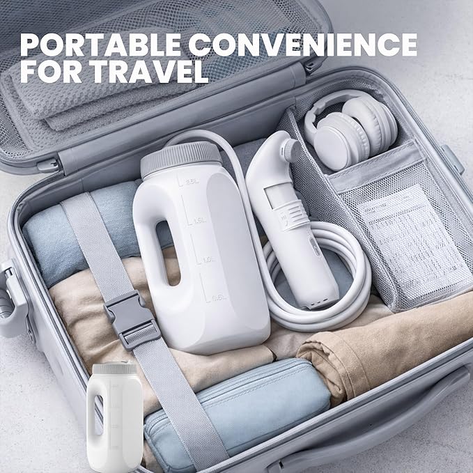 2Clean Portable Bidet - Travel & Home Use High Pressure Sprayer, USB Rechargeable Hygiene Device for Toilets with 2.5L Container, Variable Intensity, Lightweight Design, Wall Bracket Included