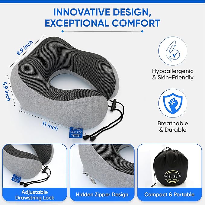 W.S. Sells Travel Neck Pillows for Airplanes - Pure Memory Foam with Ergonomic Design & Breathable Fabric - Travel Pillows for Airplanes & Cars - Set of Travel Essentials with Sleep Mask & Ear Plugs