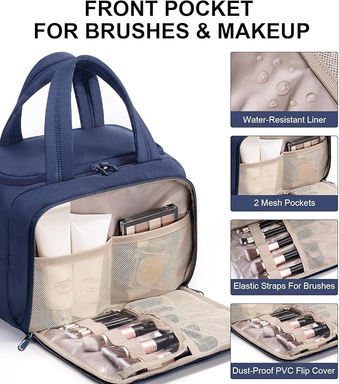 Bagstellar Travel Toiletry Bag for Women, Lightweight Large Quilted Puffy Makeup Bag Wide-open Make up Organizer Cloud Cosmetic Bag w/Handle for Traveling Toiletries Essentials Accessories Navy Blue
