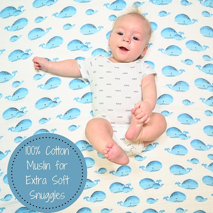 LollyBanks Muslin Swaddle Blanket, 100% Muslin Cotton Swaddles for Baby Boys Breathable and Lightweight, 47 X 47 Inches Newborn Receiving Blanket for Boys, Baby Essential, Registry (Whale Print)