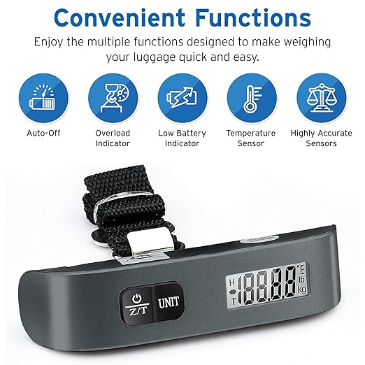 Etekcity Luggage Scale, Travel Essentials, Digital Suitcase Weight Scales for Travel Accessories, Hanging Baggage Scale with Temperature Sensor, Rubber Paint, 110 Pounds, Battery Included,Grey