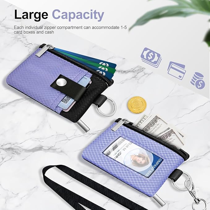 Minimalist RFID Blocking Small Wallet with ID Window,WaterResistant Zip Id Case Wallet with Lanyard Keychain for Cards,Cash,Travel,Women,Men (Lavender Purple/Black)