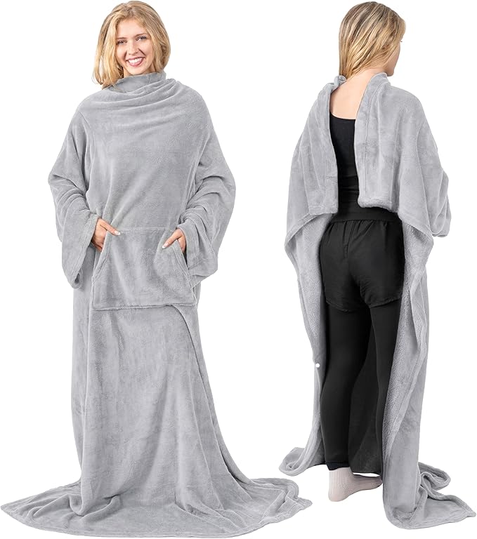 PAVILIA Blanket with Sleeves for Adult Women Men, Soft Warm Wearable Blanket Fleece Wrap Throw, Robe Blanket Gift