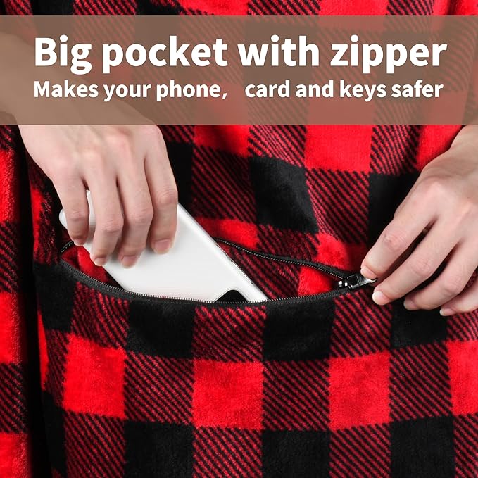 Tirrinia Travel Portable Blanket with Feet Pocket Airplane Office Poncho 4 in 1 Zippered Front Pocket Premium Cozy Fleece Blankets with Built-in Bag