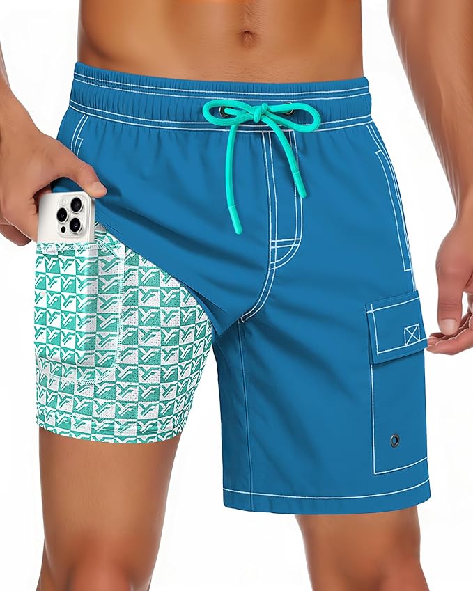 Men Swim Trunks with Compression Liner Quick Dry Breathable Multi Pockets for Summer Beach Cruise Water Park