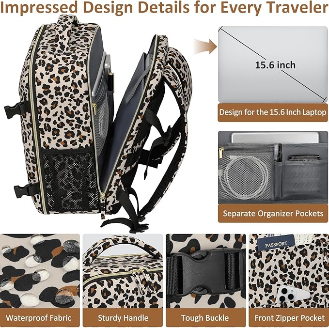 Tenot Carry on Backpack for Women TSA Approved 15.6 Inch Travel Laptop Backpack for Women Travel Essentials Foldable Womens Travel Backpack Suitcase Leopard Print