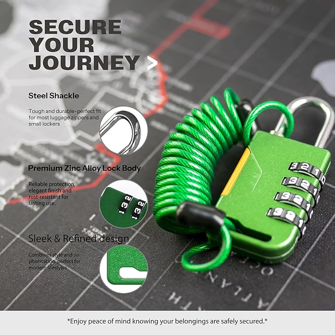 Combo Lock with Retractable Cable (91cm), Cable Padlock Combination, Ski Lock for Outdoor Use, Luggage, Snowboard, Travel Suitcases, Gym Locker, Rridge, Motorcycle Bike Helmet (Green)