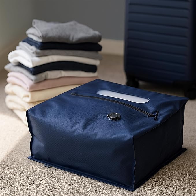 Vacuum Seal Bag for Clothing Travel - TSA Compliant Airless PacPro 48L, Carry-On Compression Packing Cube for Luggage and Backpacks, Pump-free Air Valve (Large, Blue)