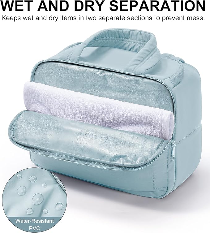 Bagstellar Travel Toiletry Bag for Women, Lightweight Large Quilted Puffy Makeup Bag Wide-open Make up Organizer Cloud Cosmetic Bag w/Handle for Traveling Toiletries Essentials Accessories Light Blue