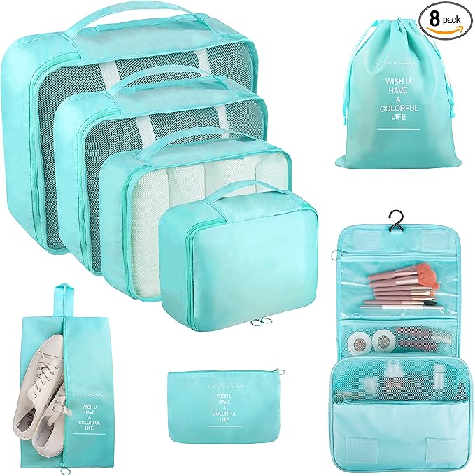 Packing Cubes, 8 Pcs Travel Packing Organizers for Suitcases, Large Capacity Travel Luggage Organizers Set includes 8 Storage Bags (Sky Blue)