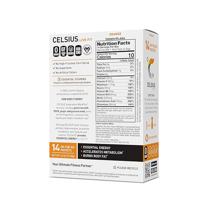 CELSIUS On-the-Go Powder Stick Zero Sugar,Orange,5.20 Oz,(Pack of 28)