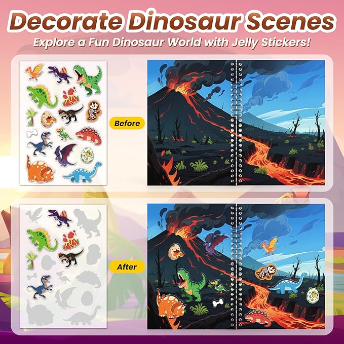 Dinosaur Reusable Sticker Book for Toddlers, DIY Make-a-face Animals Jelly Fun 3D Stickers, Washable Puffy Stickers for Kids Toys, Airplane Road Trip Travel Activities Essentials for Kids 3 4 5 Years