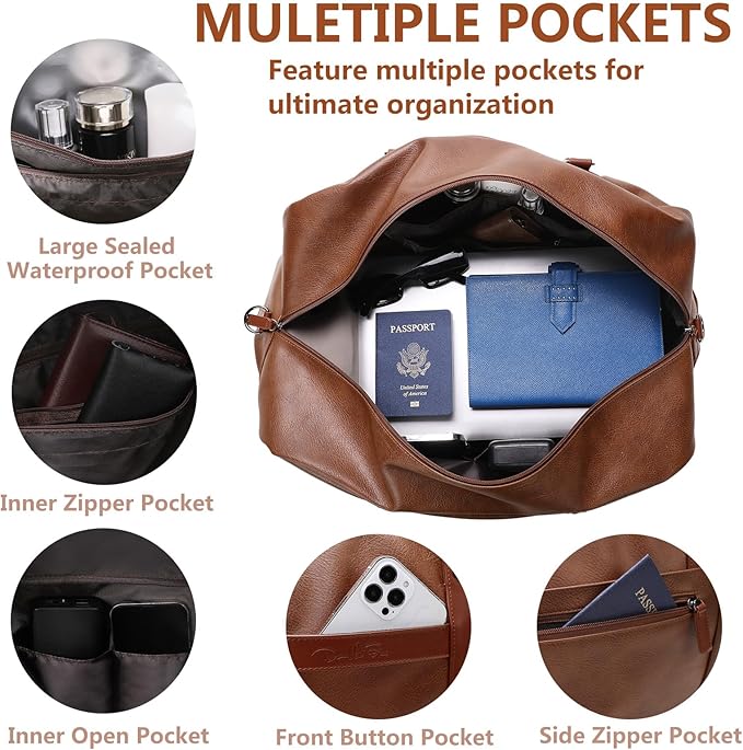 Large 4-in-1 Leather Duffle Bag for Travel Weekender Overnight Hospital Gym Bag for Men & Women, Carry On Airline Approved Personal Item Duffel Garment Bag Luggage with Shoe Compartment & Toiletry Bag