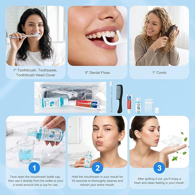 Travel Toothbrush Kit Bulk, Hygiene Kit Bulk with Toothbrush Toothpaste Set, Floss Picks, Comb, Travel Mouthwash, Toothbrush Cover, Individually Packaged, for Travel, Hotels (4-Pack)