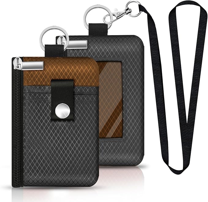 Minimalist RFID Blocking Small Wallet with ID Window,WaterResistant Zip Id Case Wallet with Lanyard Keychain for Cards,Cash,Travel,Women,Men（Drak Grey/Brown）