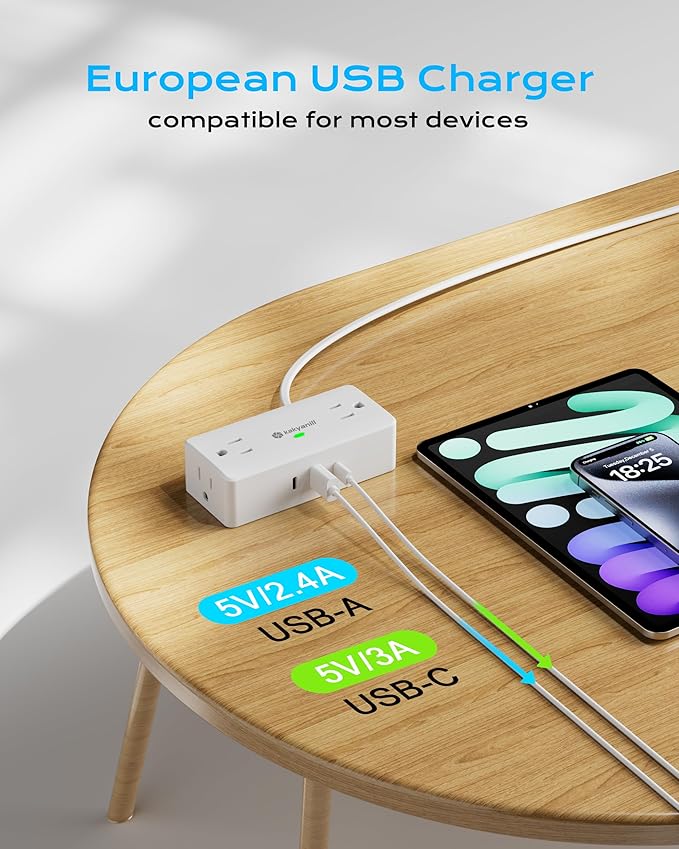 Kakyanill European Travel Plug Adapter, EU/UK/JP Plug Adapter, 4 AC Outlets, 3 USB Ports (2 USB C), 5ft Flat Extension Cord, Compact for Travel