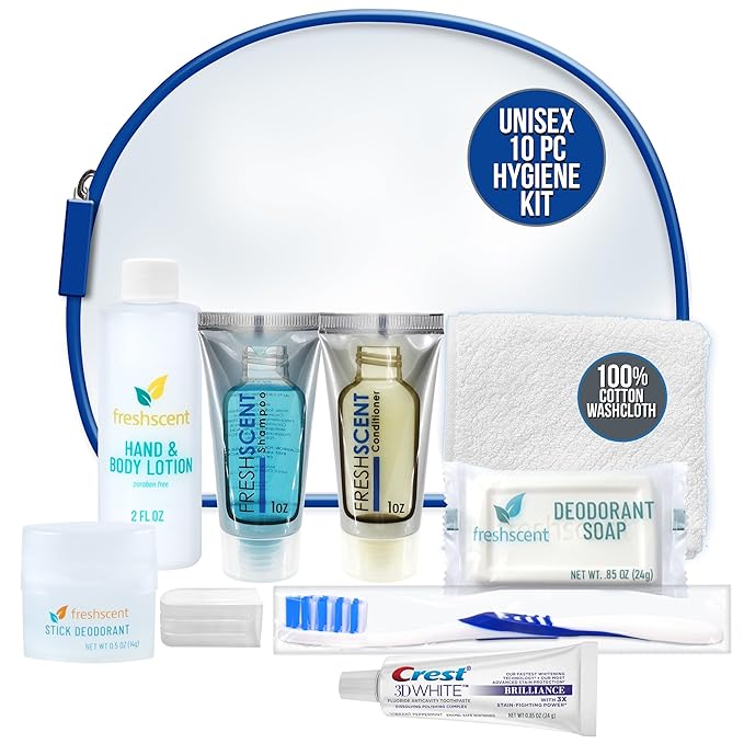 Convenience Kits International Unisex 10 Piece Hygiene Travel Kit with Shampoo, Conditioner, Lotion, Soap, Deodorant, Crest Toothpaste, Toothbrush, Cotton Washcloth (64 Kits)