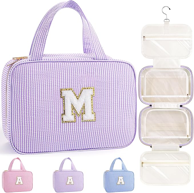 TOPEAST Travel Hanging Toiletry Bag, Personalized Initial Toiletry Pouch, Birthday Gifts for Women Mom Daughter Sister Friends, Cruise Essentials, Purple M