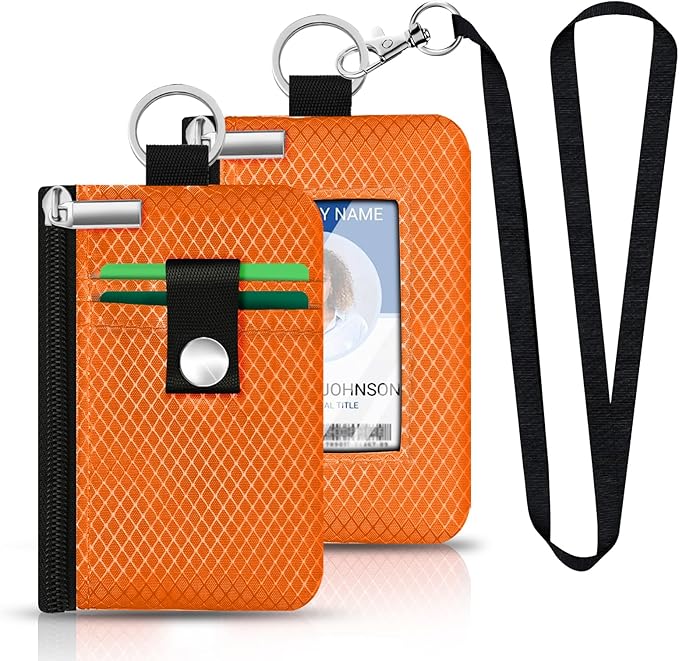 Minimalist RFID Blocking Small Wallet with ID Window,WaterResistant Zip Id Case Wallet with Lanyard Keychain for Cards,Cash,Travel,Women,Men (Orange)