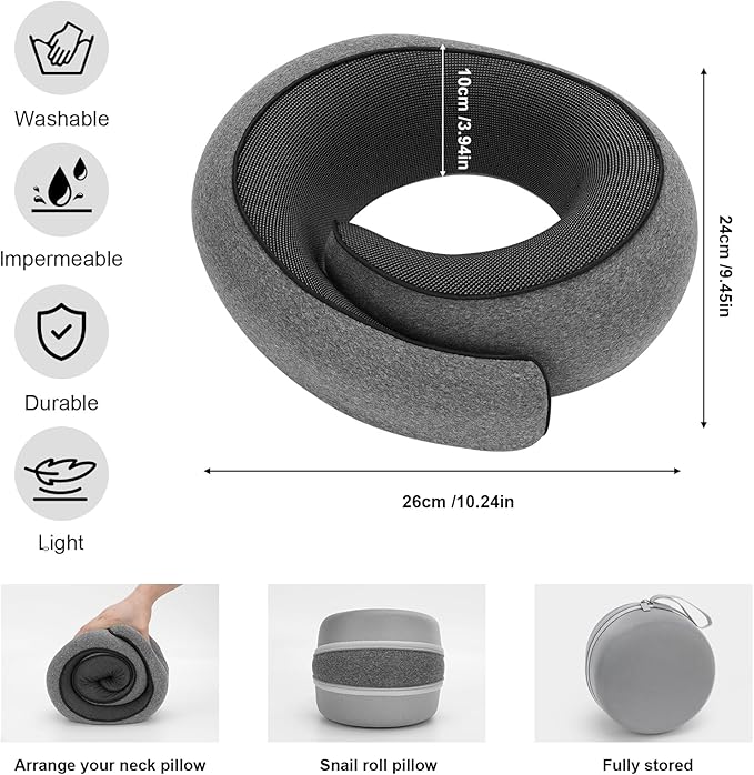 Travel Neck Pillow for Airplane - 100% Memory Foam 360° Ergonomic Support - Adjustable Velcro, Washable Velvet Cover & Compact Storage Case - Flight Essentials for Sleeping(Grey)